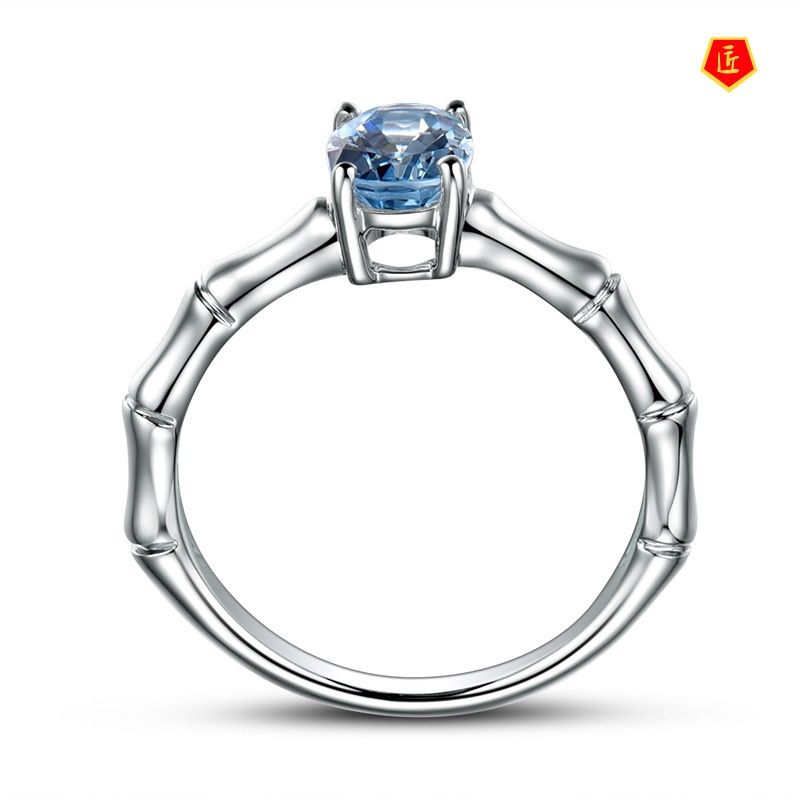 [Ready Stock]Temperament Creativity Silver Bamboo Joint Aquamarine Ring