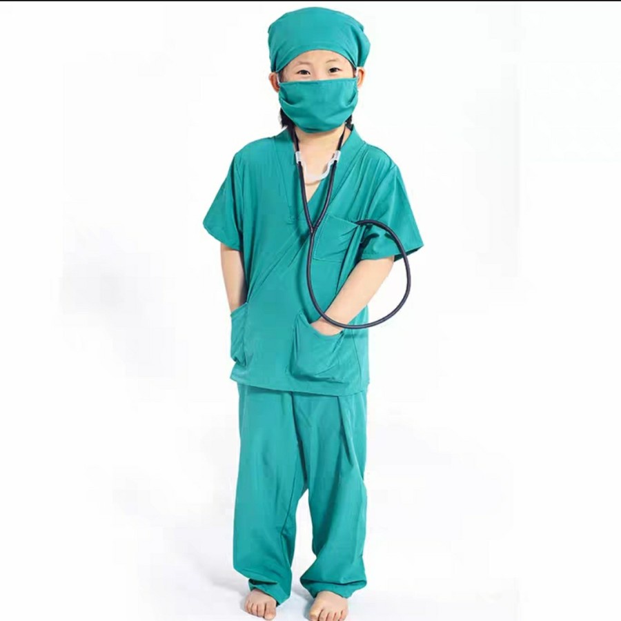 Kids Surgeon Costume Green v neck set Kostum dokter baju oka anak 4 in 1 Green