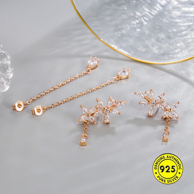 Sekretaris Kim 's Anting Tusuk Gantung Sterling Silver 18K Rose Gold Desain Bunga Hias Berlian Untuk Wanita