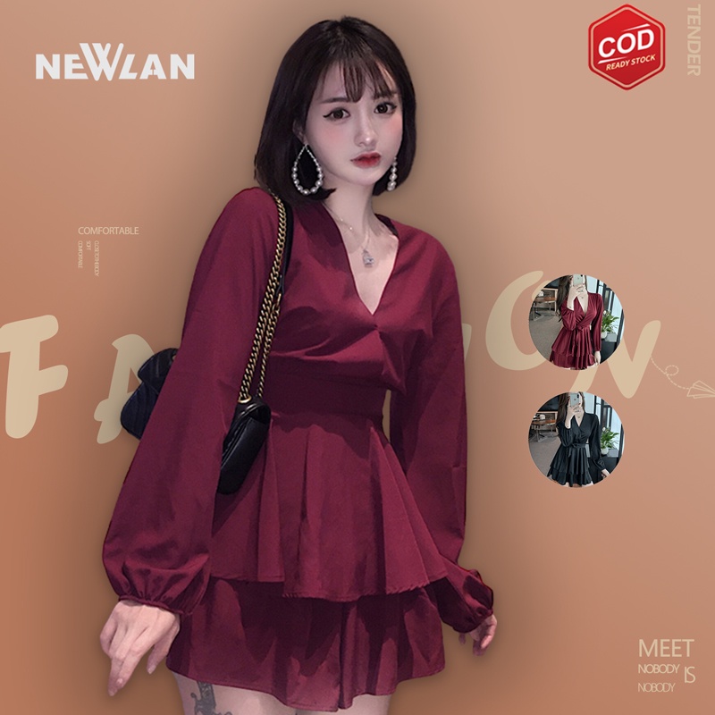 Newlan LK003 Casual Dress Wanita  Gaya Korea Lengan Panjang Warna Hitam dan Merah Mini Dress Scuba S