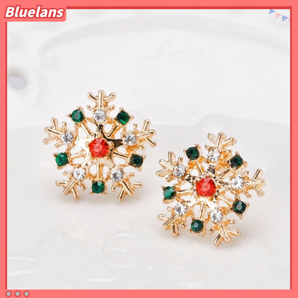 Anting Stud Desain Snowflake Natal Aksen Berlian Imitasi Untuk Wanita