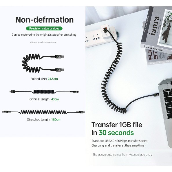Mcdodo Type-C to Type-C Data Coiled Cable 60W 1.8M