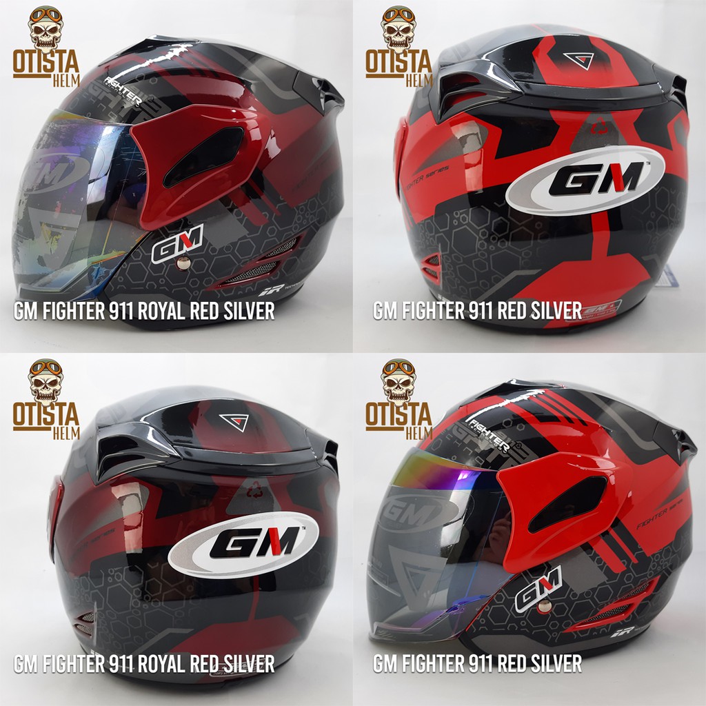 Helm Half Face Gm Fighter 911 Red Silver Merah corak Varian Warna