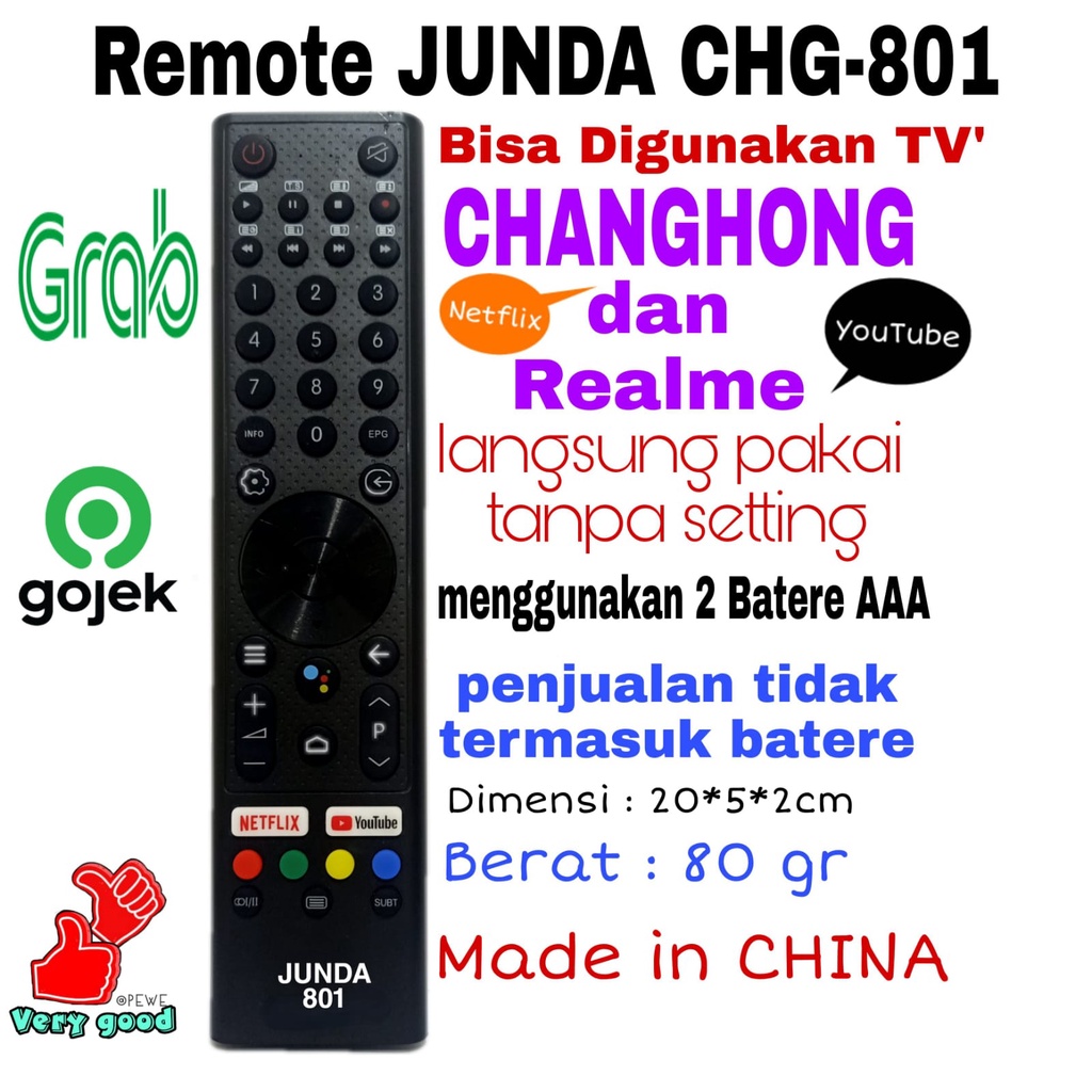 REMOTE REMOT UNIVERSAL LED JUNDA 801 COCOK DI CHANGHONG REALME SMART TV ANDROID ORI JUNDA