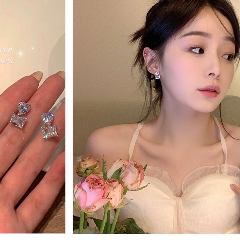 Anting Tusuk Sterling Silver 925 Desain Hati Hias Kristal Zircon Mewah Untuk Wanita