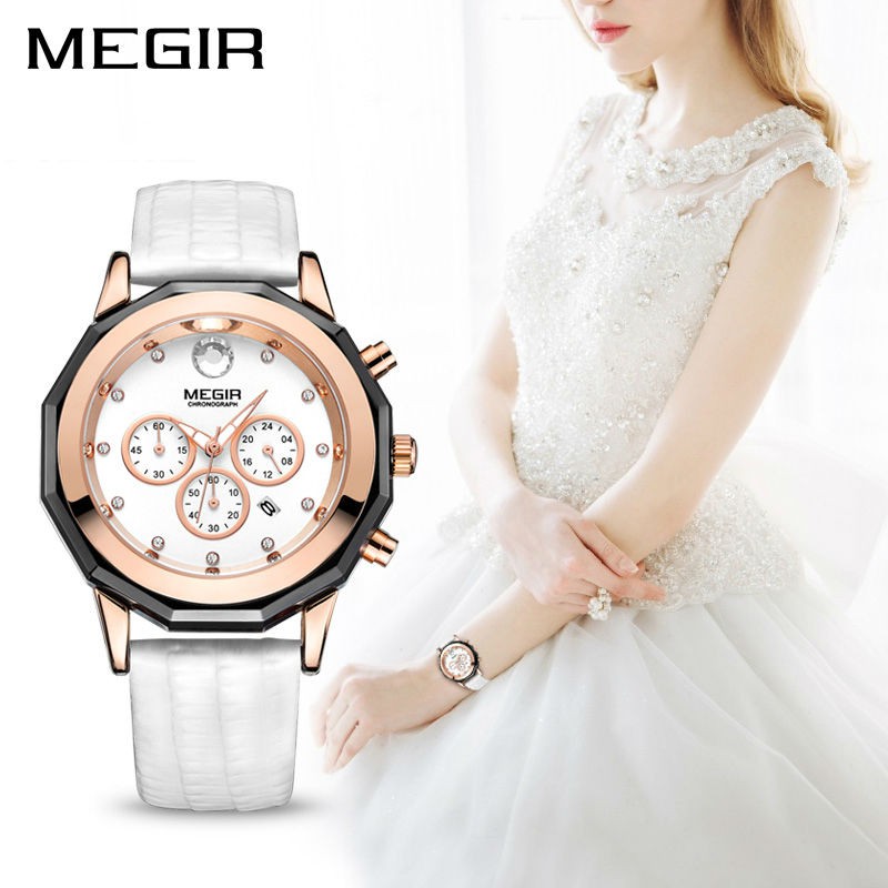 MEGIR 2042 Jam Tangan Wanita Analog Chronograph Tali Kulit WATCHKITE WKOS