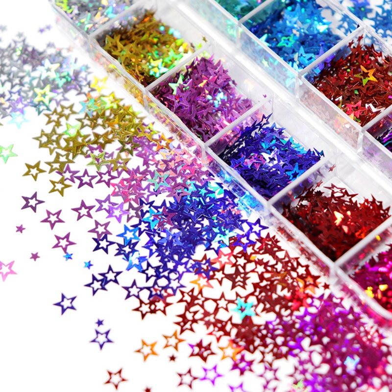 SIY  12 Grids/Box Holographic Glitter Hollow Stars Shape Sequins Epoxy Resin Filling DIY Crafts Jewelry Making Flake Nail Art