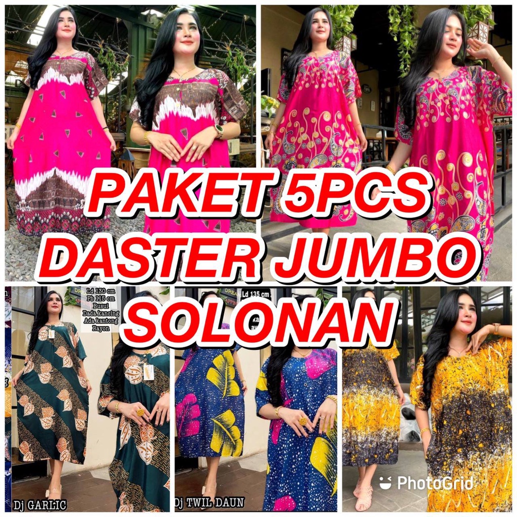 DASTER RAYON JUMBO BIG SIZE XXL| DASTER RAYON NON RUFLE BATIK WANITA  | DASTER KEKINIAN BUSUI KANCING DEPAN MURAH | PAKET 5 PCS DASTER JUMBO SOLONAN