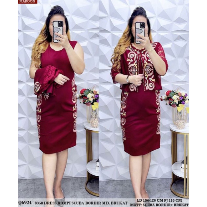 dress wanita stylish formal 8358 SCUBA mix BROKAT IMPORT ROMPI LEPAS BORDIR motif bunga