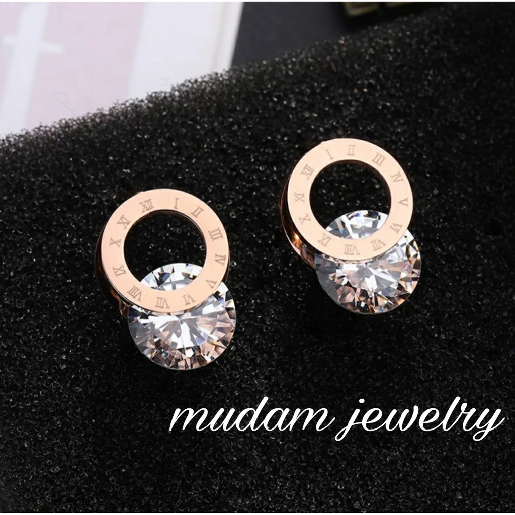 Anting Titanium Stud Model Ring Angka Romawi Dengan Batu Zirkon Warna Rose Gold, Gold dan Silver