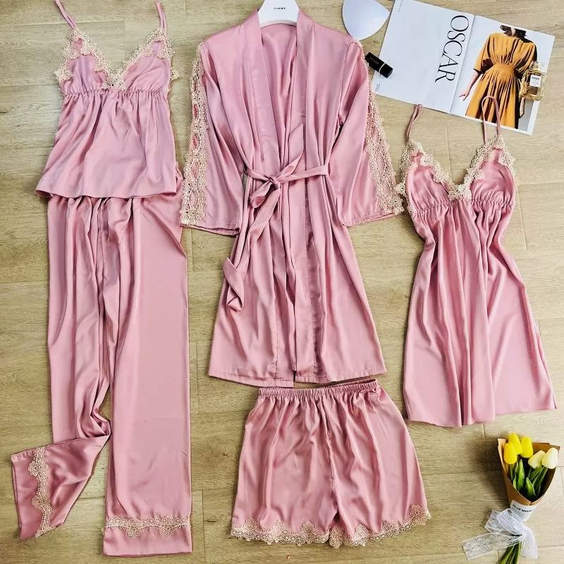 Setelan 5 In 1 Piyama Wanita Import Satin Sleepwear , Kado Pernikahan , Hampers Wedding , Hampers Pe