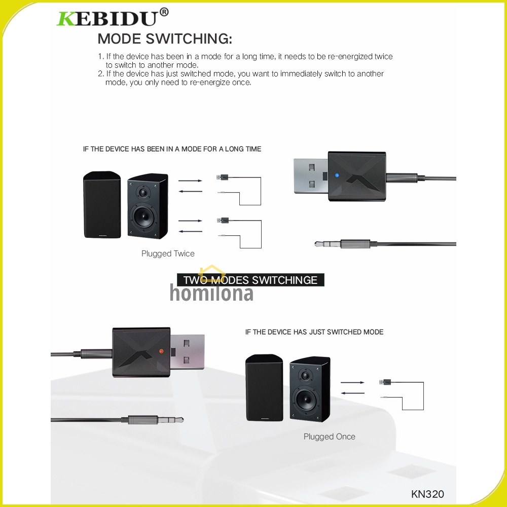 2 in 1 USB Dongle HiFi Audio Bluetooth Transmitter &amp; Receiver - KEBIDU KN320 - Black