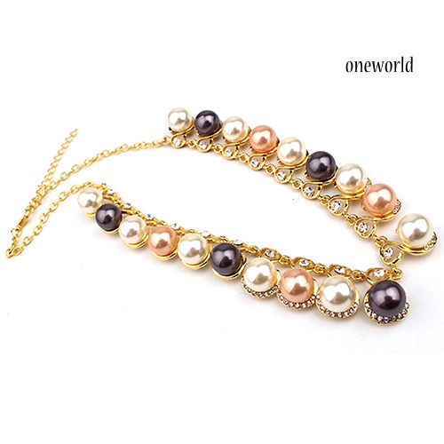 OW@ Women Faux Pearls Rhinestone Chain Necklace Earrings Wedding Bride Jewelry Set