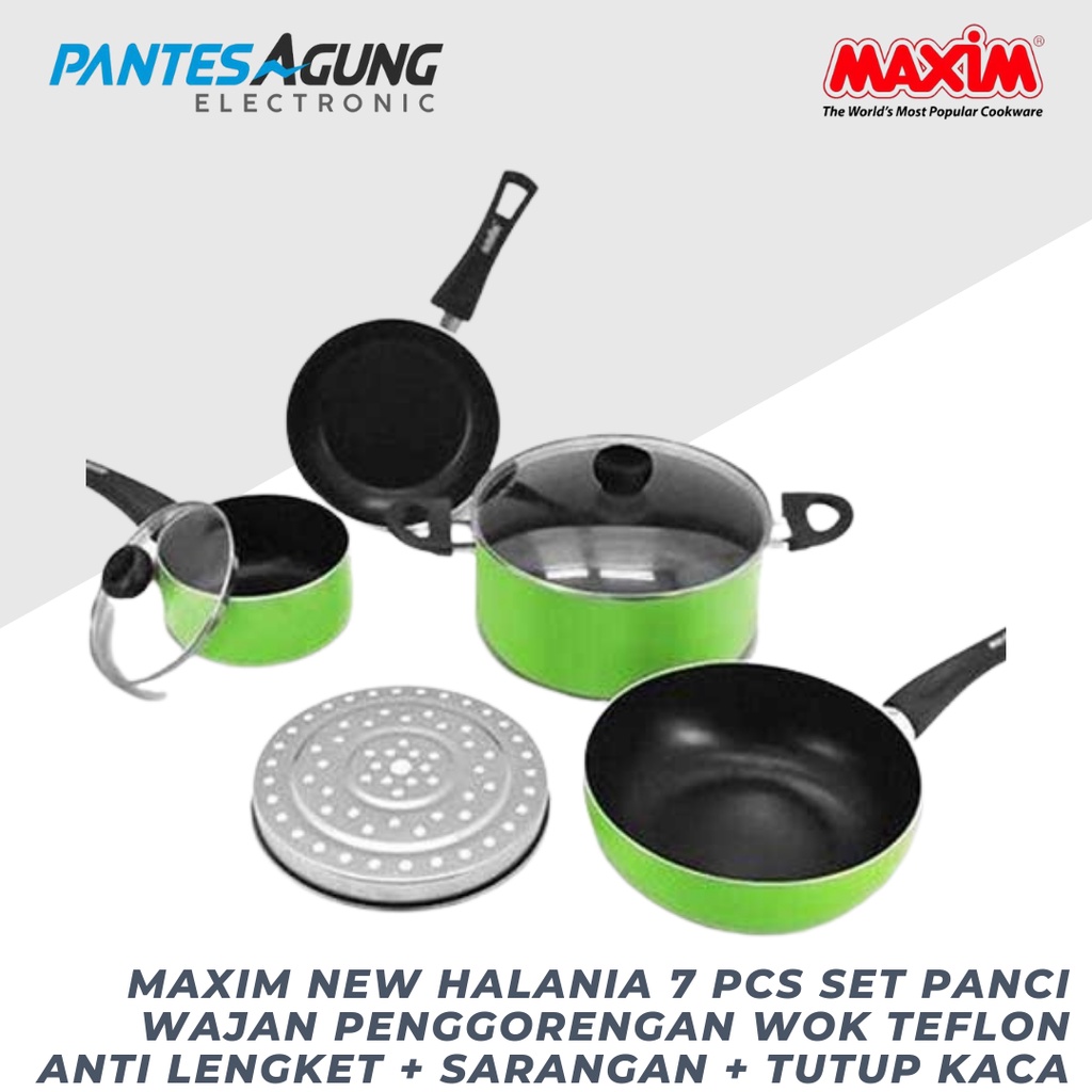 MAXIM New Halania 7 Pcs Set Panci Wajan Penggorengan Wok Teflon Anti Lengket + Sarangan + Tutup Kaca