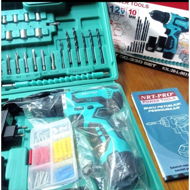 mesin bor batterai cordless drill NRT PRO DC -330 SET 10mm 12v