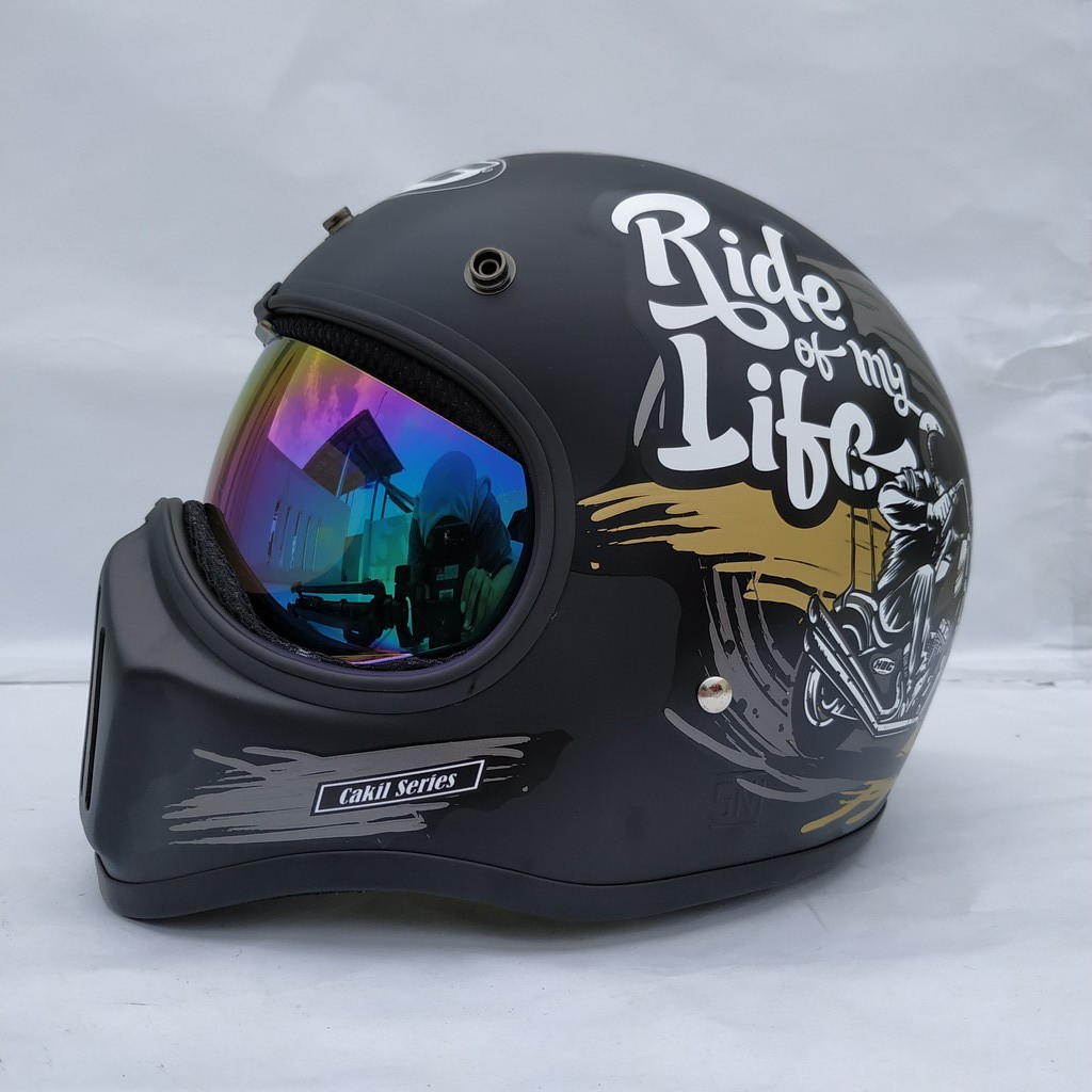 Helm Cakil HBC Ride Of life Black + Inner Visor ( Fullface / Retro / Klasik / Vespa )