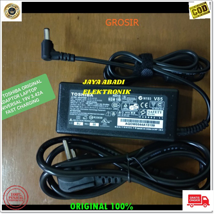 J81 TOSHIBA 19V 3.42A 65 WATT W ADAPTOR LAPTOP CAS CASAN CHARGER CHARGE KOMPUTER POWER ADAPTER PC CPU ELEKTRONIK FAST CHARGING AC DC SPEED ADAPTIVE NETBOOK UNIVERSAL ORIGINAL VOLT AMPERE VOLTASE BISA SEGALA JENIS LAPTOP TOSHIBA BONUS KABEL POWERNYA