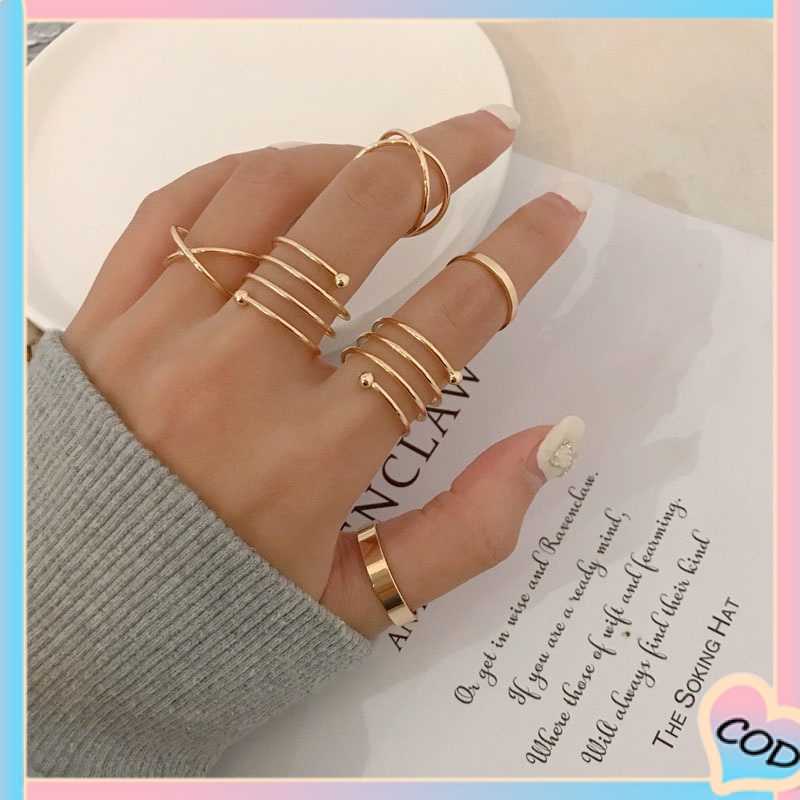 COD❤6 Pcs/Set Cincin Korea titanium Bentuk Spiral Warna Emas Gaya Retro Bohemian retro