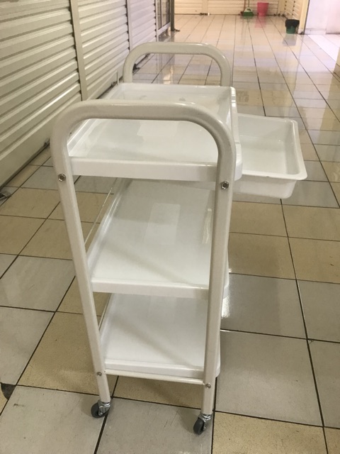 Trolley facial rak dorong peralatan salon import Lamode, berbahan plastik plus laci