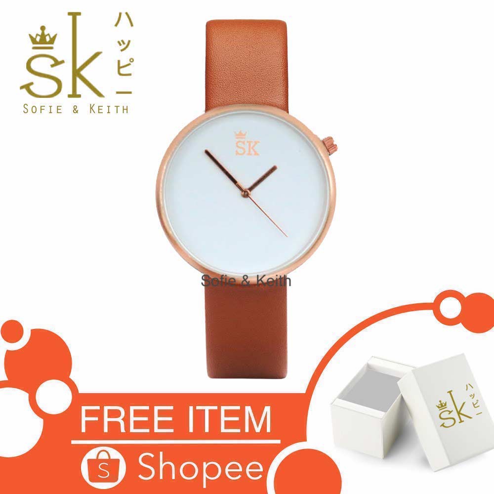 SK [ Cokelat ] Jam Tangan Water Resistant Pria &amp; Wanita Fashion Strap Leather - SK_813_FREEBOX