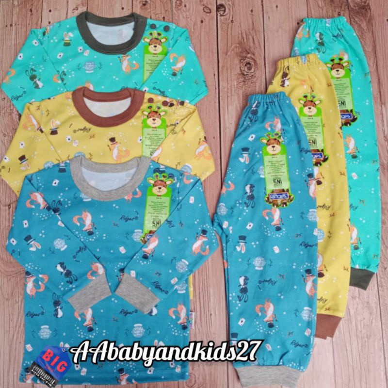 3Pasang Setelan Ridges Lengan Panjang Kancing Bahu Full Print Dino Parasut Ukuran S M L XL SNI