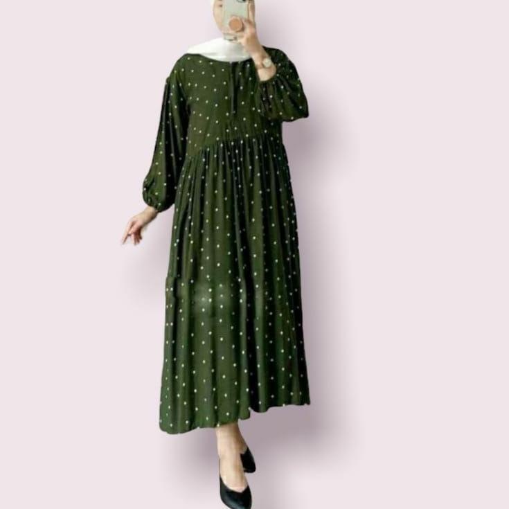 MIDI DRESS RAYON VISCOSE MOTIF POLKADOT JUMBO LD 120 BAHAN ADEM BANGET  GAMIS KEKINIAN MOTIF GUCCI D
