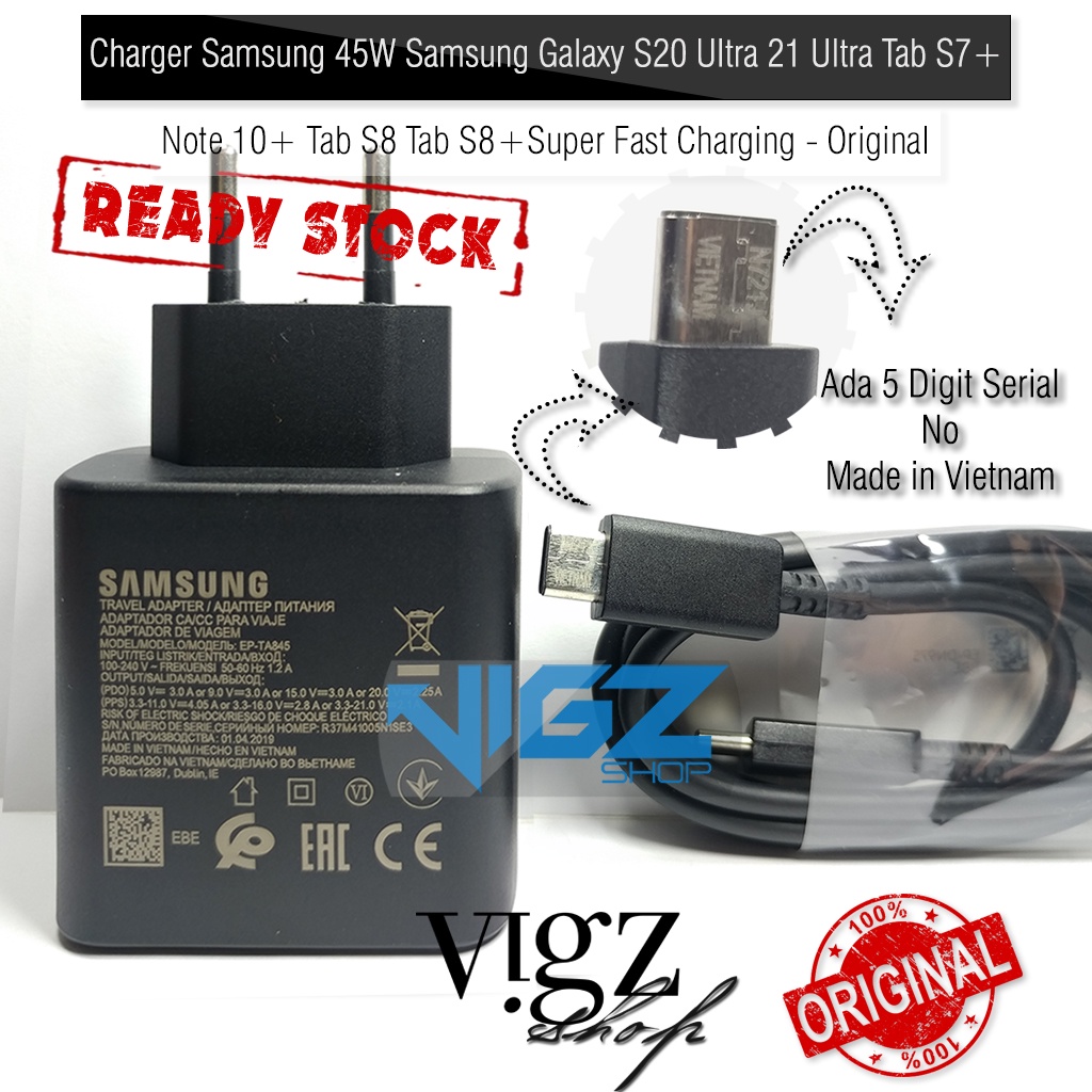 Charger Samsung 45W Samsung Galaxy S23 Ultra S23+ Tab S8 Tab S8+ Tab S9 Ultra Tab S9 Plus Tab S9 Original 100% S22 Ultra S22+ S20 Ultra Tab S7+ S10 Lite Note 10 Plus Super Fast Charging Original 100%