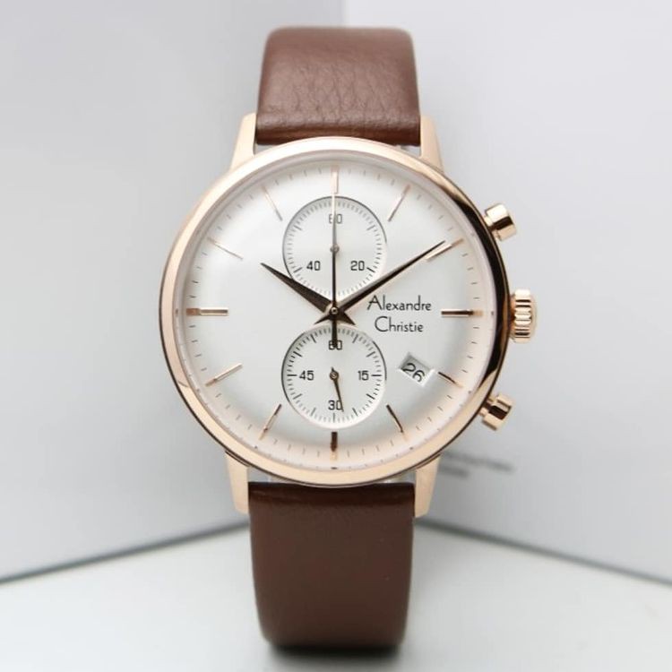 Alexandre Christie AC6572 Original Jam Tangan Pria Tali Kulit Brown Rosegold