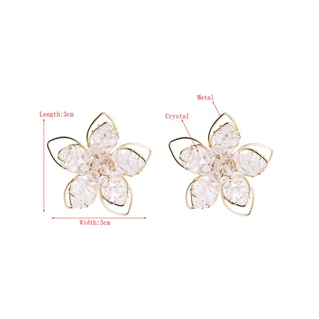 LRC Anting Tusuk Fashion White Crystal Hollow Flower Beaded Braided Alloy Earrings K04131