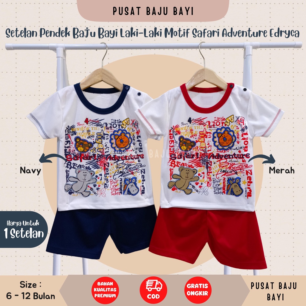 Setelan Pendek Baju Bayi Laki - Laki size 3 - 12 Bulan merk EDRYCA motif SAFARI ADVENTURE