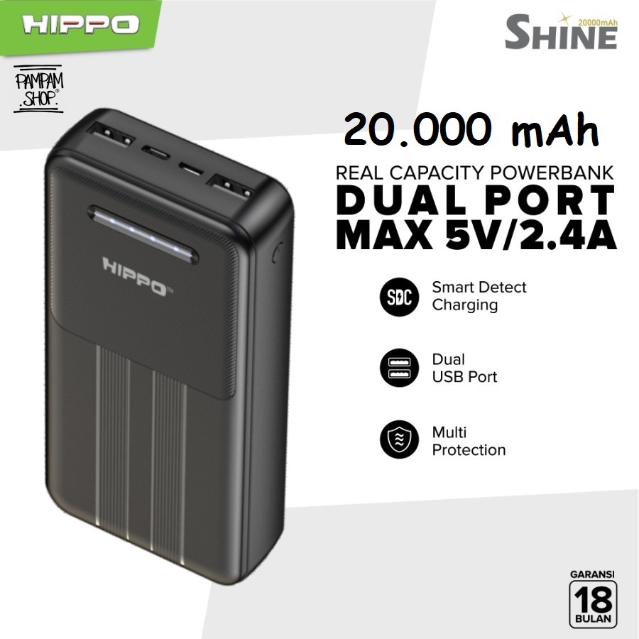 Hippo Power Bank Shine 20000 mAh 2 Port Dual USB Output 2.4A Powerbank 20000mAh Original Ori