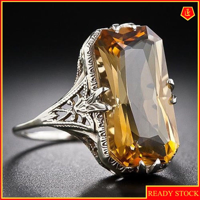 [Ready Stock]Citrine Hollow Carved Ring Fashion Exaggerated