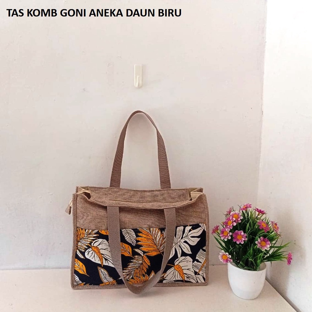 TAS KANVAS TAS GONI SINTETIS KOMBINASI KANVAS MOTIF ANEKA DAUN BIRU. RIENS COLLECTIONS