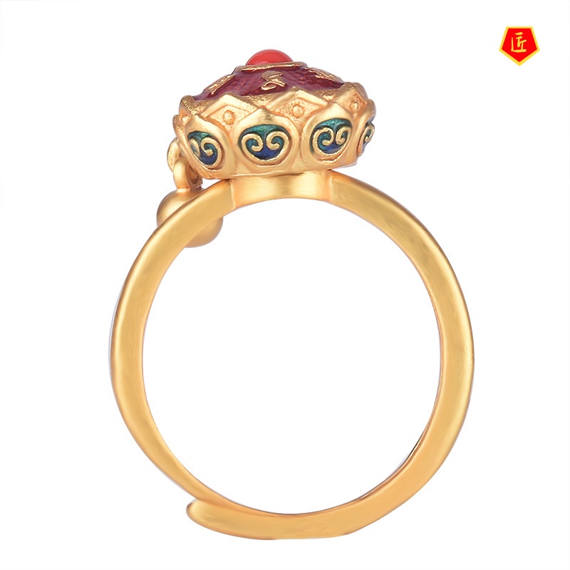 [Ready Stock]Ethnic Style Lucky Prayer Wheel Opening Gold Ring