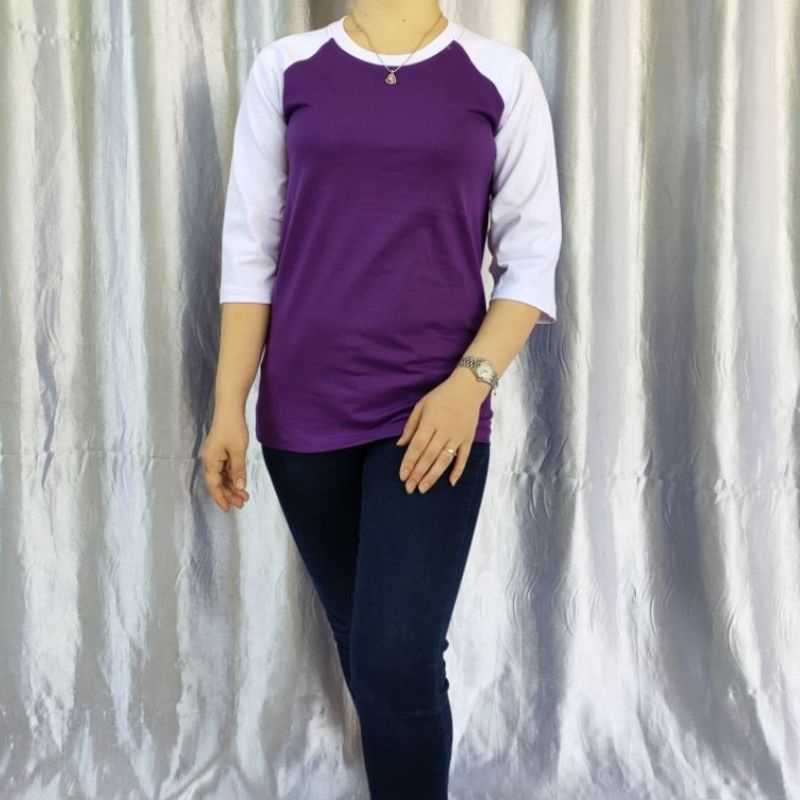 kaos polos reglan wanita (unisex) lengan 3/4 uk m l xl xxl-Ungu/putih 3/4