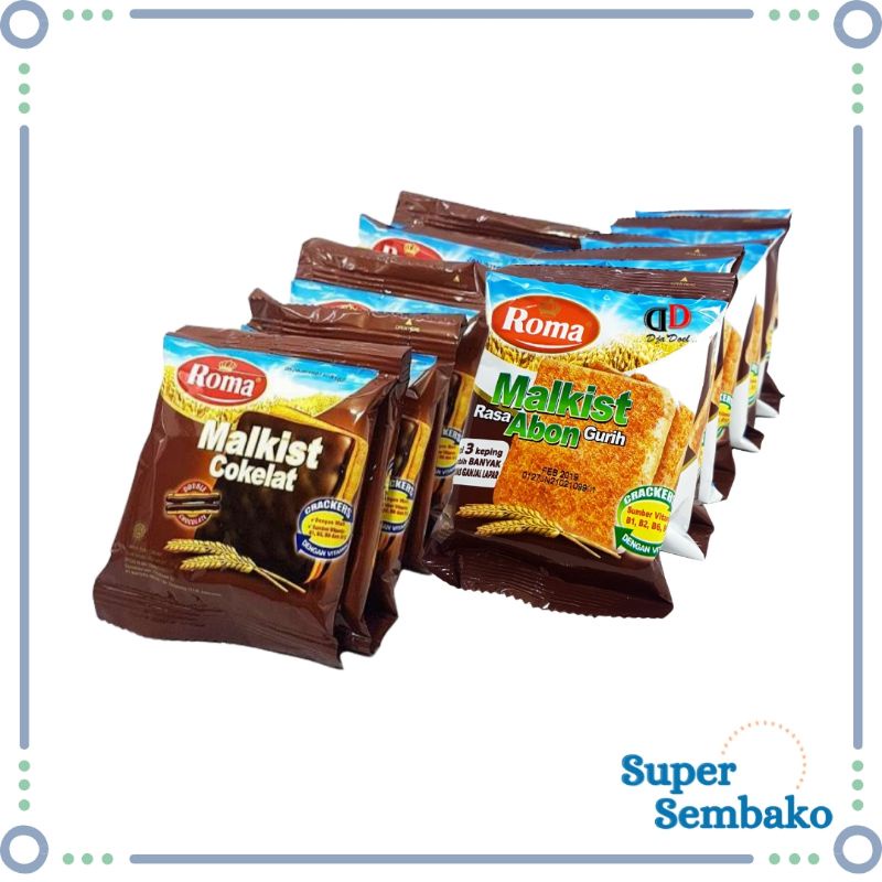 

SNACK BISKUIT CRACKERS GANDUM ROMA MALKIST ABON / COKLAT / COKELAT 27g RENCENG ISI 10 BUNGKUS