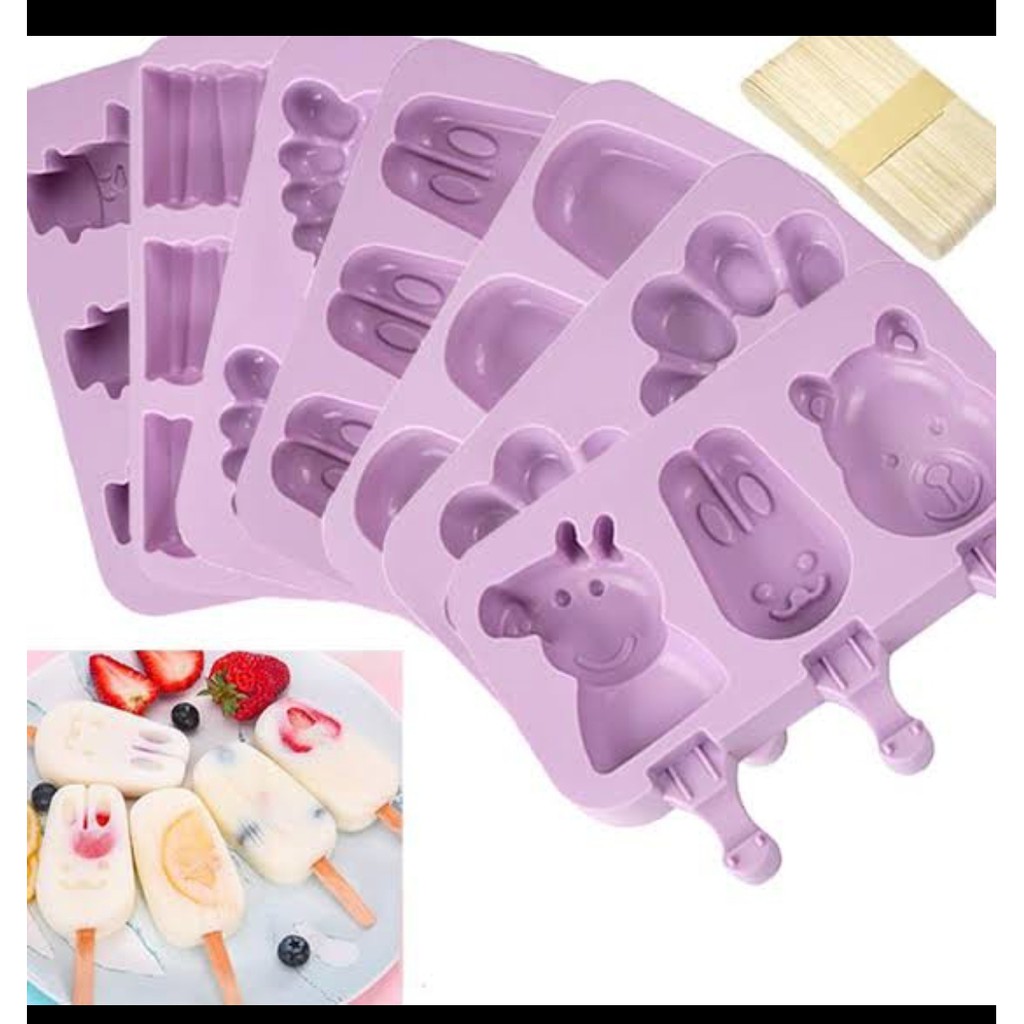 BISA COD ' Set Cetakan Es Krim Popsicle Silikon Aneka Motif Karakter Lucu / Ice Cream Mold Premium