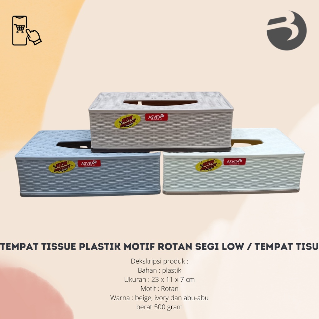 Tempat tissue Pendek plastik motif rotan segi Low / tempat tisu kotak plastik