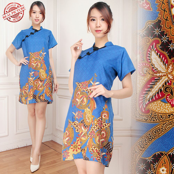 baju wanita dress cheongsam katun silk - Biru