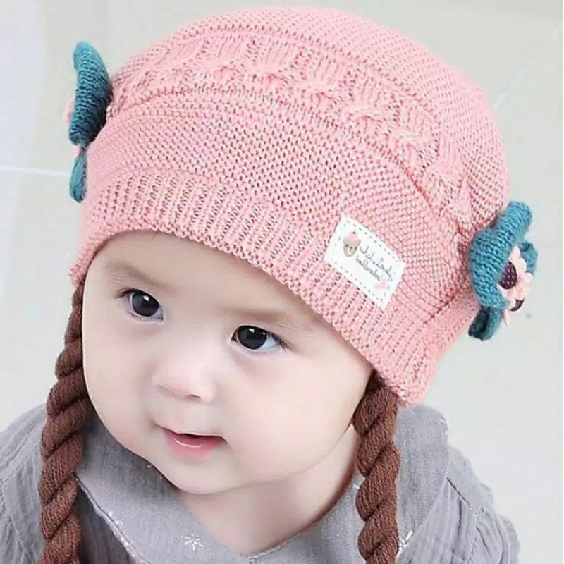 Topi kupluk anak bayi rajut wig rambut kepang cute