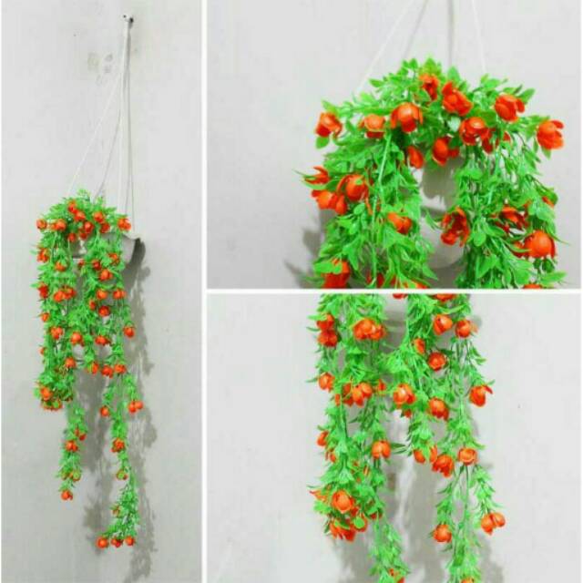 Bunga gantung plastik artificial orange dan pot vas gantung