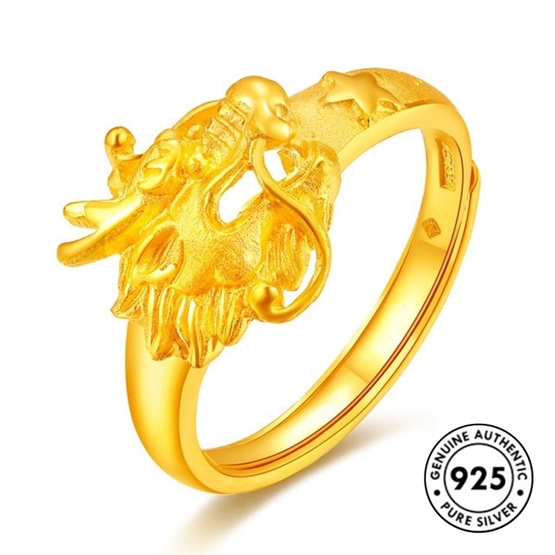 Cincin Pasangan Lapis Silver S925 Motif Naga + Burung Phoenix Untuk Pria / Wanita