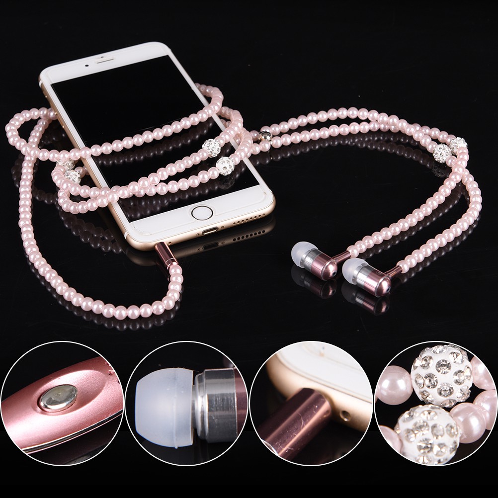 Vaorlo Headset Earphone In-Ear Kabel Jack 3.5mm Model Kalung Mutiara + Berlian Imitasi + Mic