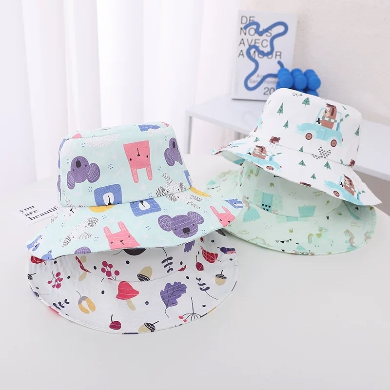 3 4 5 tahun Topi Bucket Anak Import Unisex Motif Pastel Tali Serut dan Tali Dagu