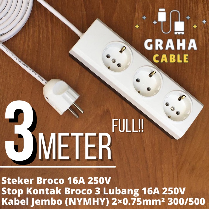 Kabel Sambungan Listrik Stop Kontak 3 Lubang 3 Meter BROCO