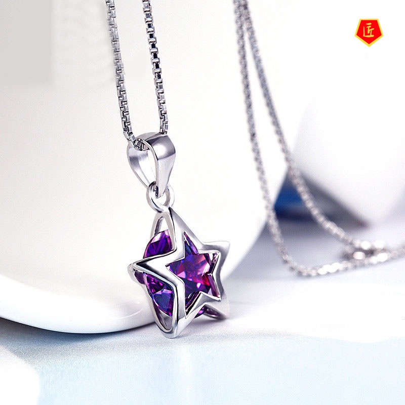 [Ready Stock]Amethyst Five-Pointed Star Pendant Female Silver Fashion Temperament