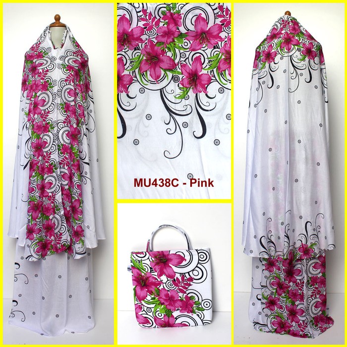 Mukena Bali Putih Motif Bunga Sepatu Size Semi Jumbo MU438C Pink