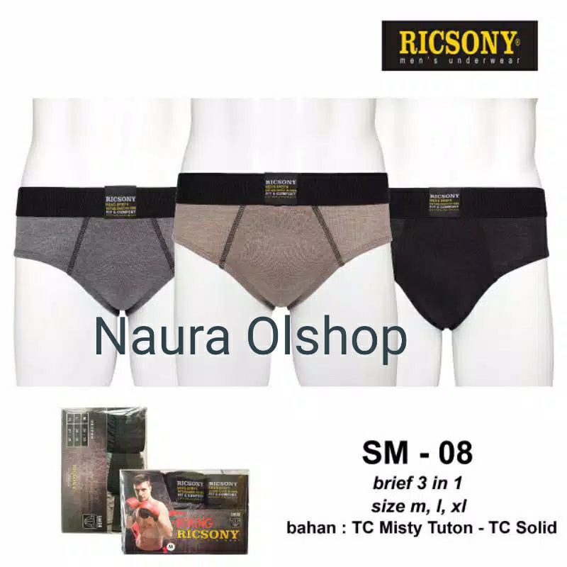 RICSONY SM08 1 Box isi 3Pcs Sempak Pria Celana Dalam Dewasa Murah Adem Celana Sport