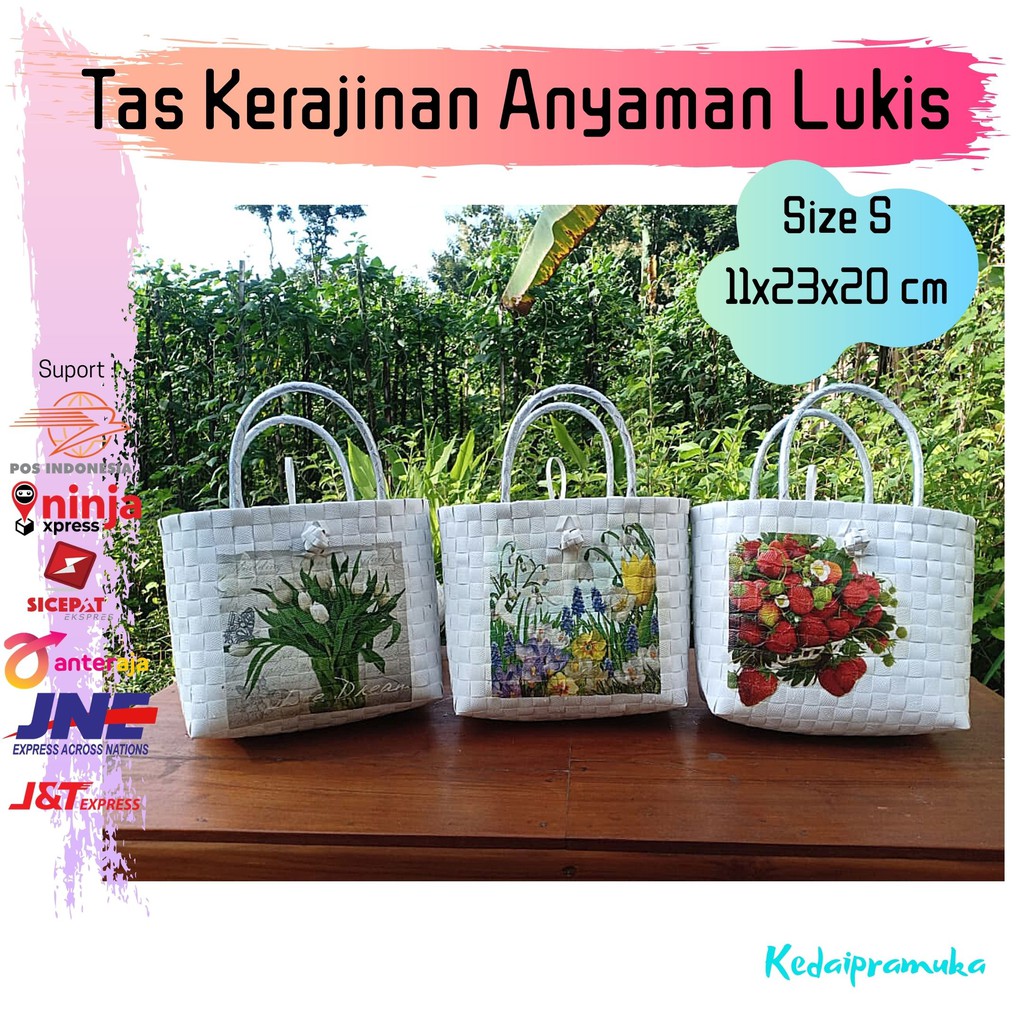 Tas Kerajinan Anyaman Motif Bunga Cantik Lukis Decoupage Anyam Plastik Decopage Size S Mini Custom