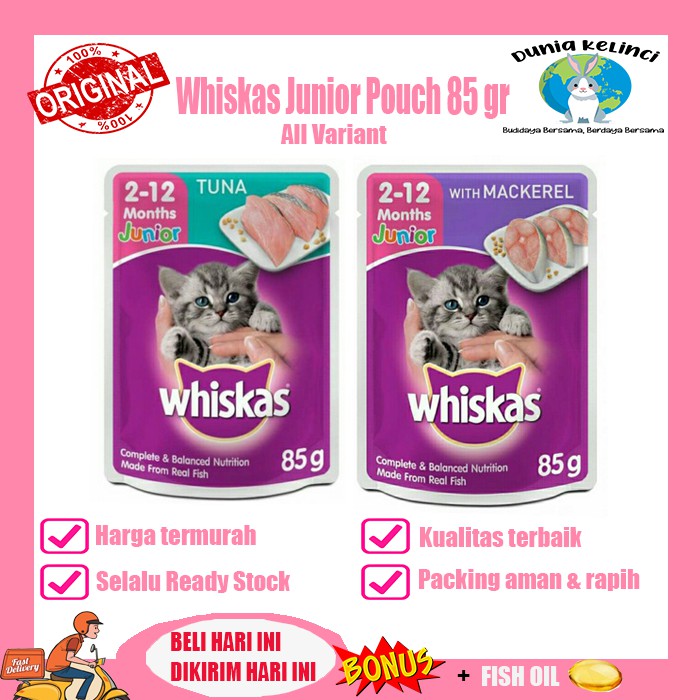 MAKANAN KUCING BASAH WHISKAS POUCH JUNIOR 85 GR ALL VARIANT SASET WET FOOD WISKAS